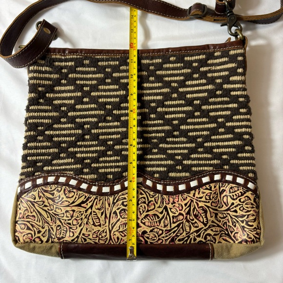 Myra Leather Shoulder Purse Tooled Leather Canvas Crossbody Pocketbook Brown - Picture 15 of 16